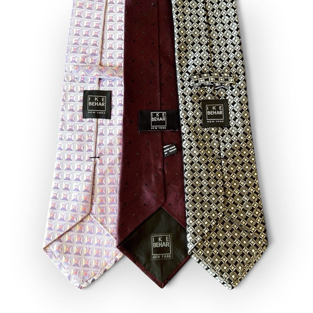 Ike Behar 3x Silk Tie Lot Woven Jacquard Geometric Purple-Burgundy-Gray Neckties